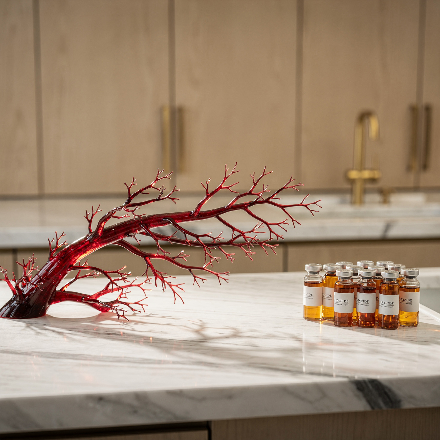 Branching vascular network model in translucent red resin on marble countertop in a luxury research laboratory with peptide vials - angiogenesis research concept