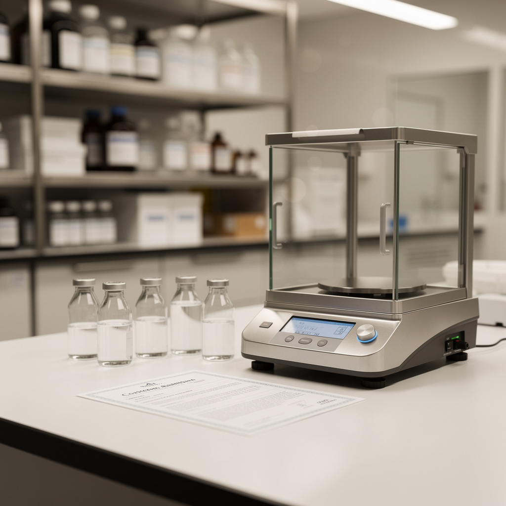 Research laboratory quality control station with analytical balance, glass vials, and certificate of analysis - peptide safety testing