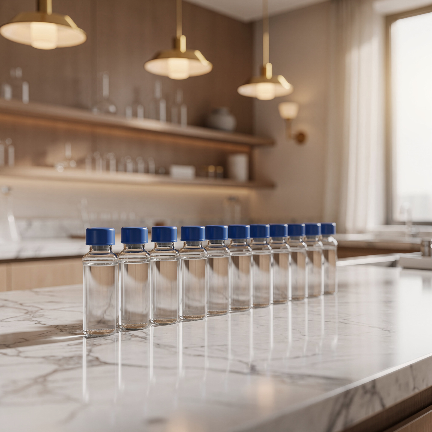 Bacteriostatic water vials with blue flip-top caps arranged on a white marble countertop in a research laboratory
