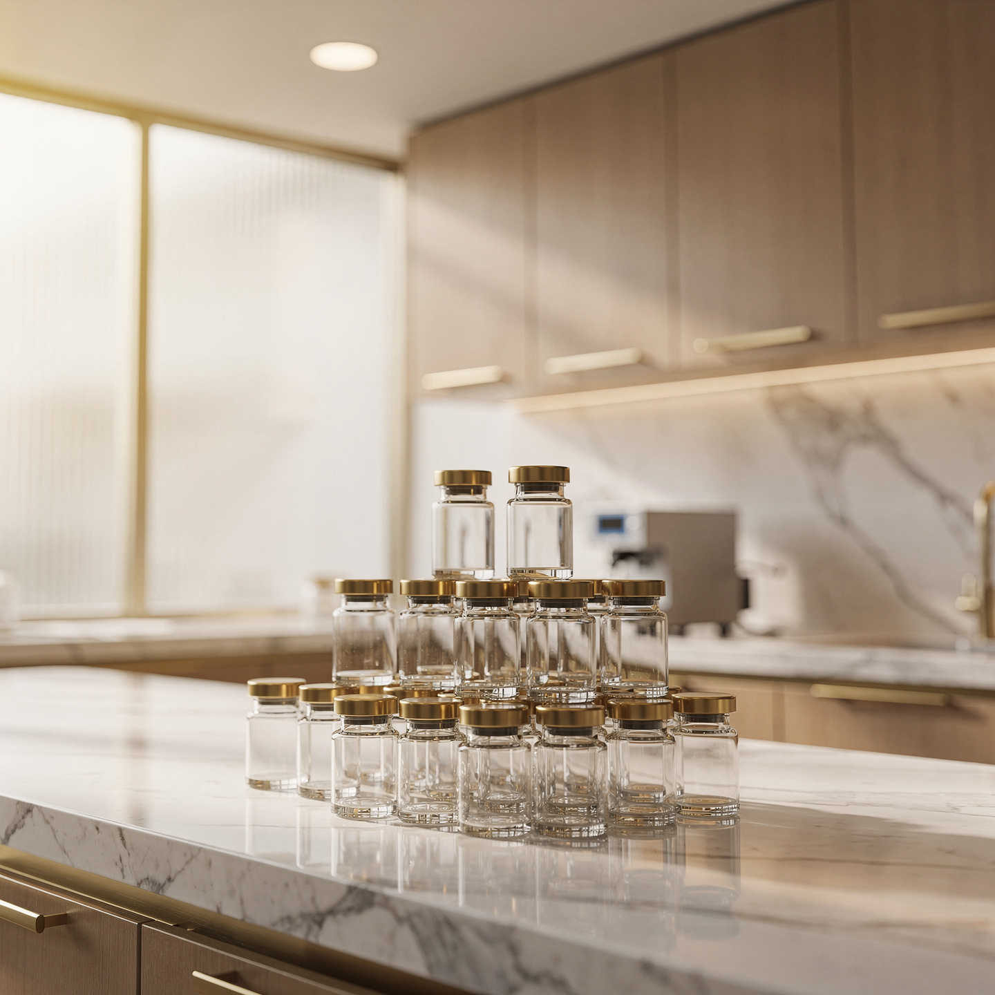 Premium glass peptide research vials in a luxury research laboratory with warm golden lighting