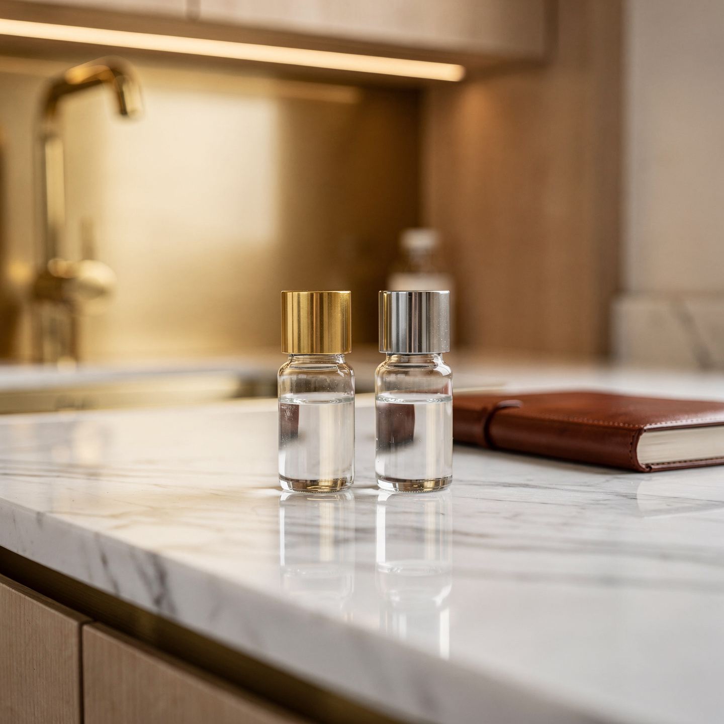 Two premium glass peptide research vials with gold and silver caps on a white marble countertop in a luxury research laboratory