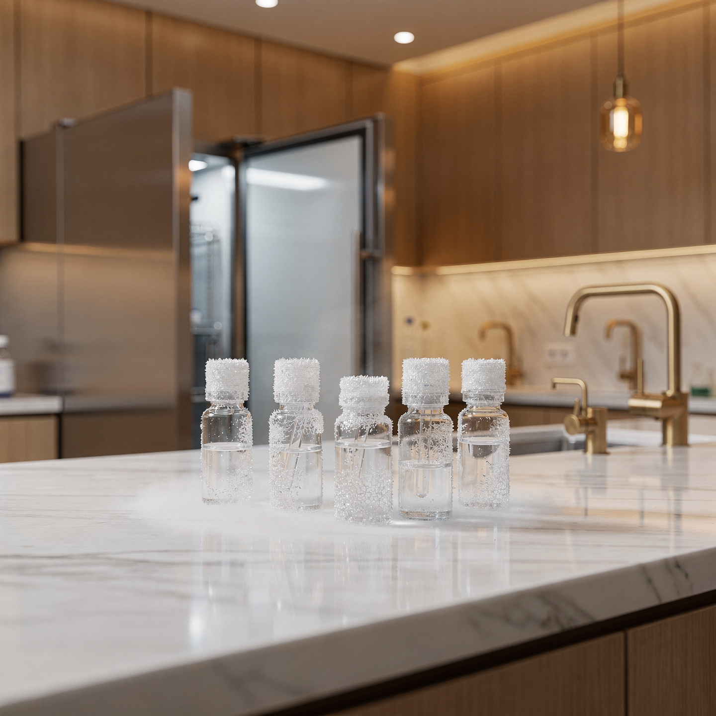 Frost-covered peptide vials being removed from a laboratory freezer onto a marble countertop, illustrating the freeze-thaw process in peptide research