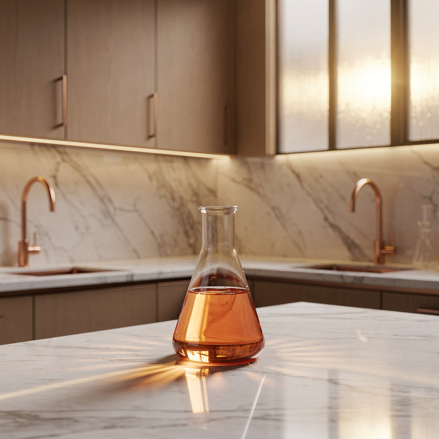 GHK-Cu copper peptide solution in a glass flask in a research laboratory