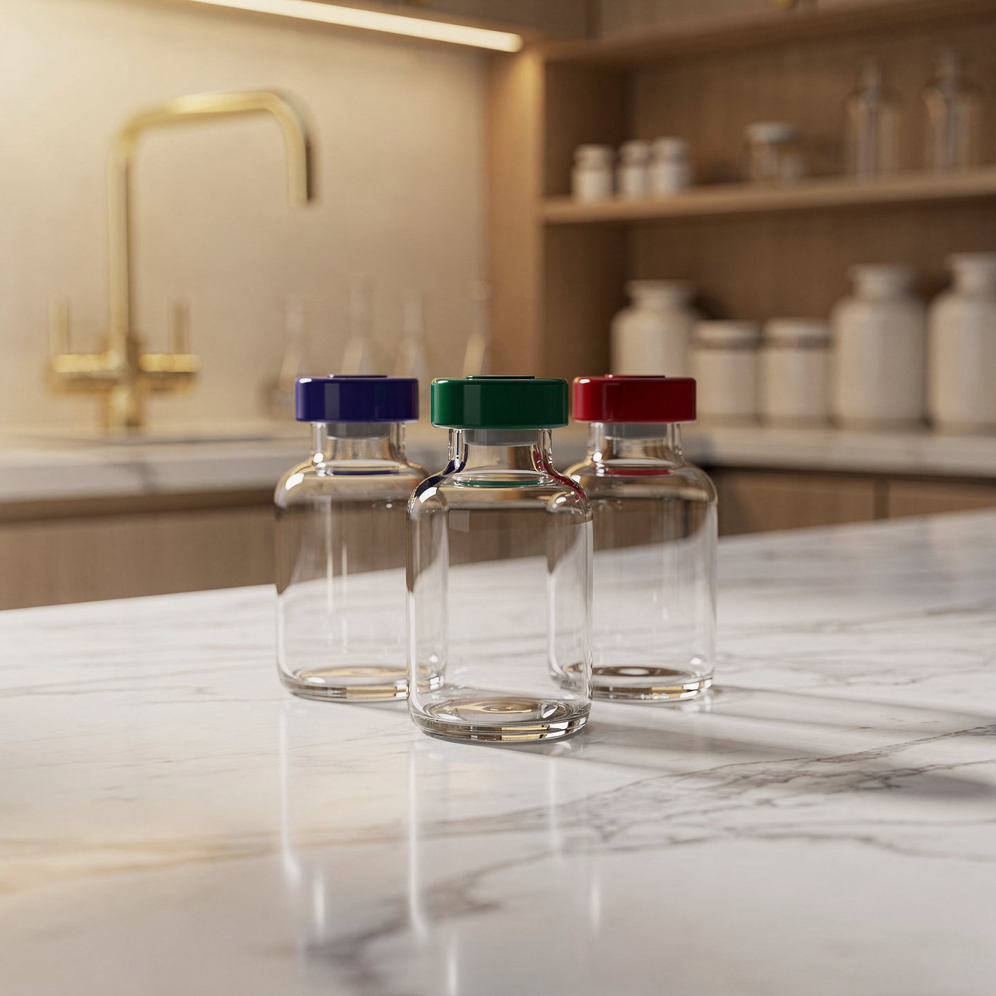 Three premium glass peptide vials with different colored caps arranged on white marble countertop in luxury research laboratory
