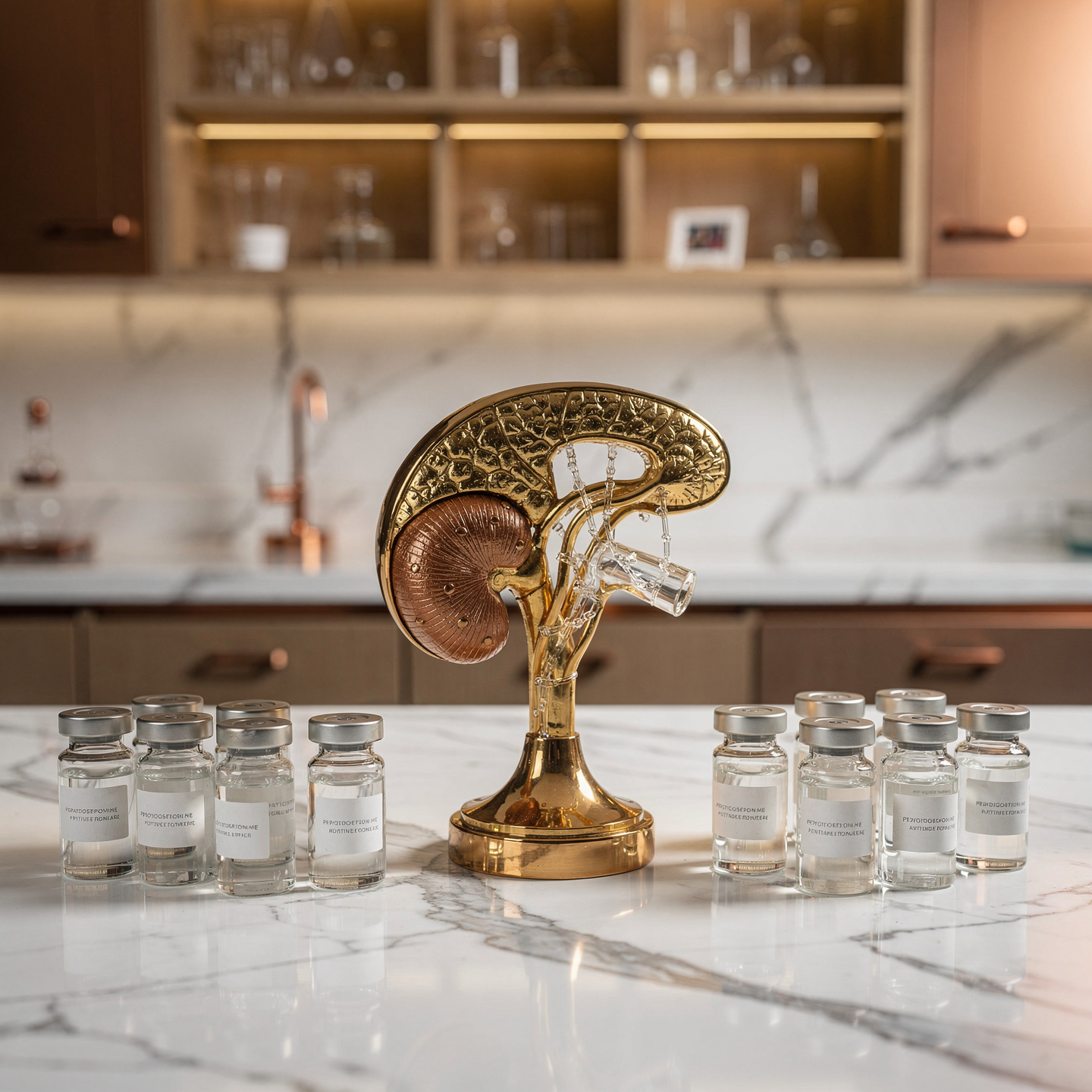 Polished brass pituitary gland anatomical model with peptide vials in a luxury research laboratory illustrating growth hormone secretagogue receptor mechanisms