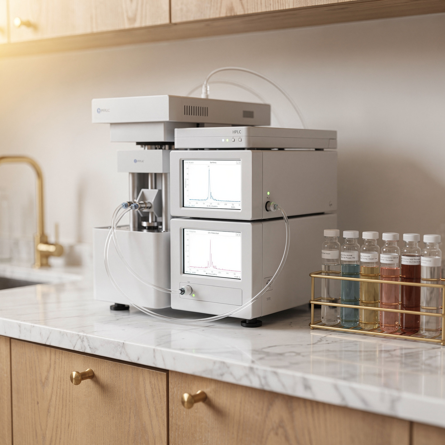 HPLC instrument on marble countertop in luxury research laboratory with peptide vials and chromatogram display showing peptide purity analysis