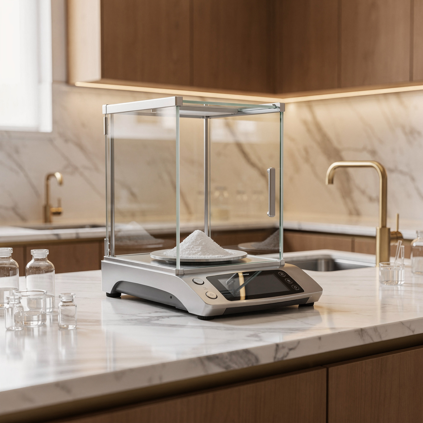 Precision analytical balance weighing lyophilized peptide powder in a luxury research laboratory with warm golden lighting and premium glass vials