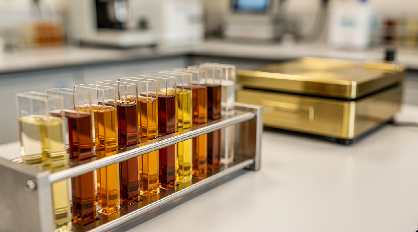 Precision glass cuvettes containing peptide solutions in graduated amber tones arranged in a spectrophotometer rack in a modern analytical chemistry laboratory