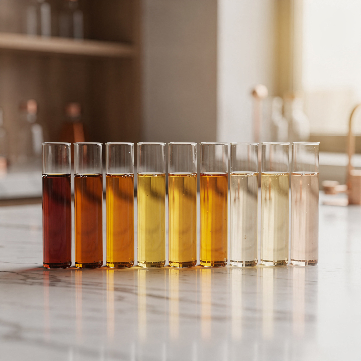 Amber-to-gold peptide solutions in graduated glass vials arranged in a color gradient on a marble countertop, representing melanocortin pigmentation research