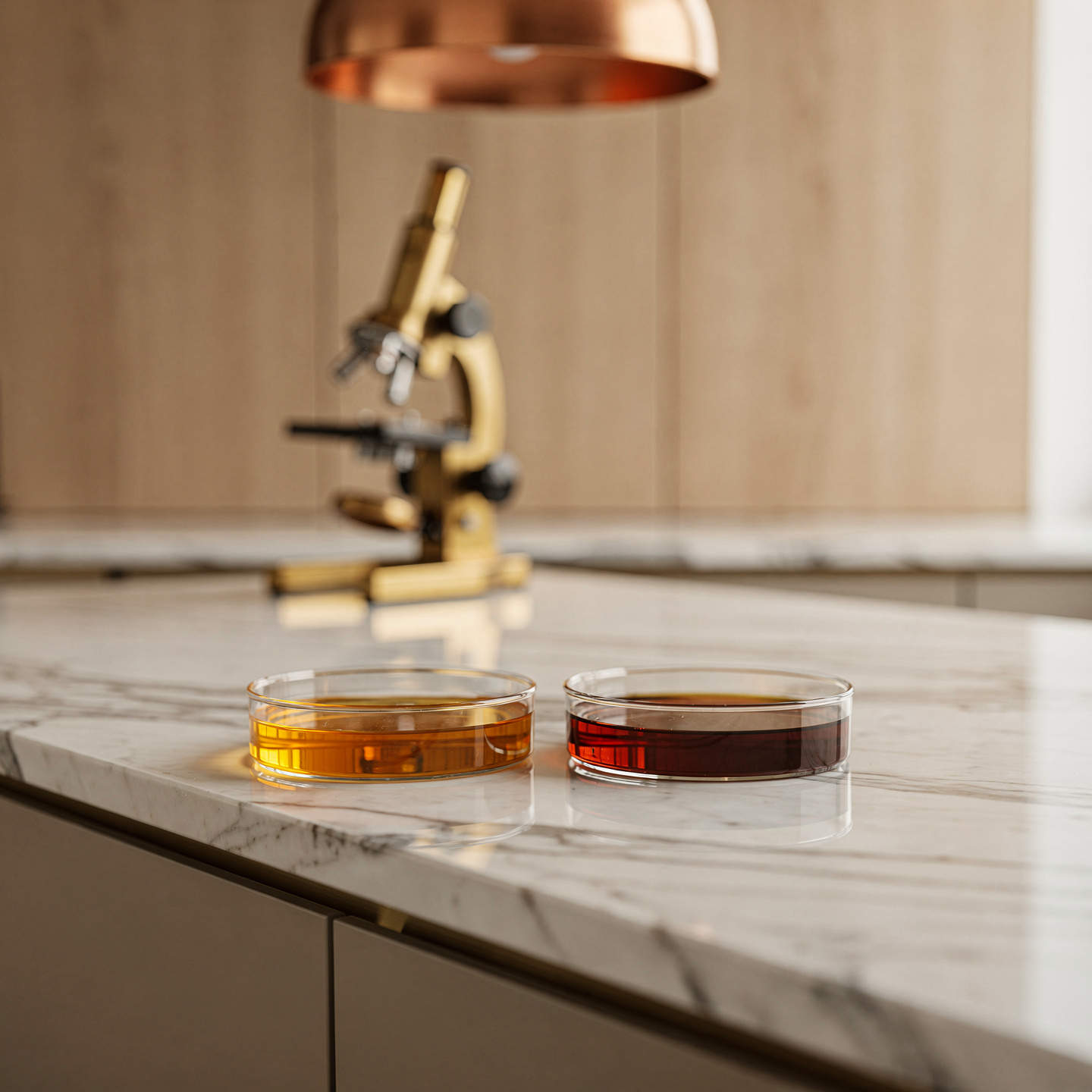 Two amber-toned research solutions in glass petri dishes on a marble countertop in a luxury research laboratory - Melanotan I vs Melanotan II comparison