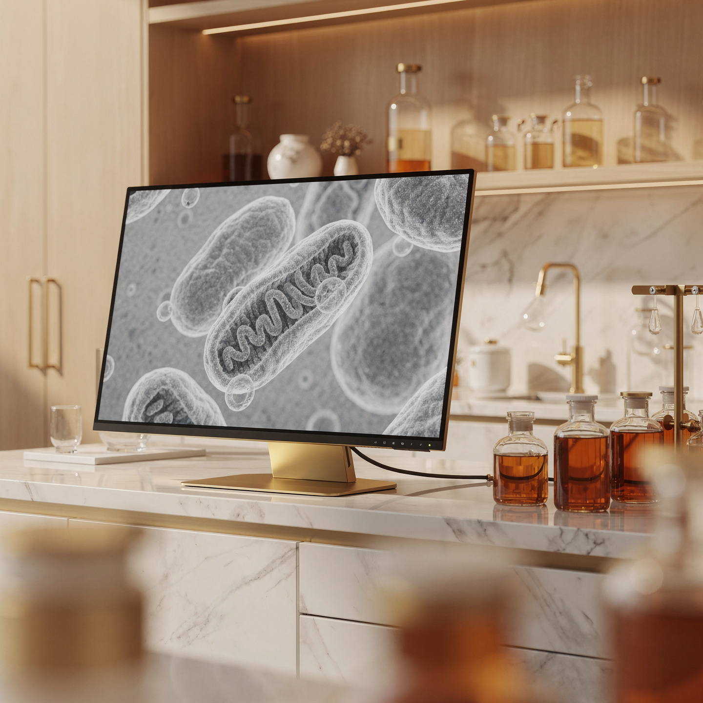 Transmission electron microscopy image of mitochondria displayed on a monitor in a luxury research laboratory, representing mitochondrial-derived peptide research