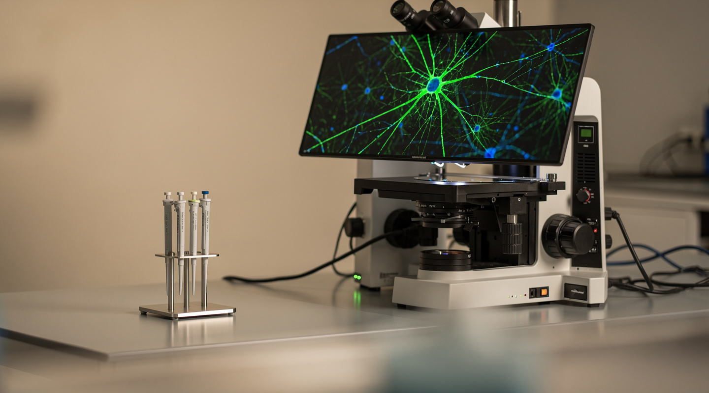 Confocal microscope display showing fluorescent calcium imaging of neural cells in green and blue channels at a neuroscience research station