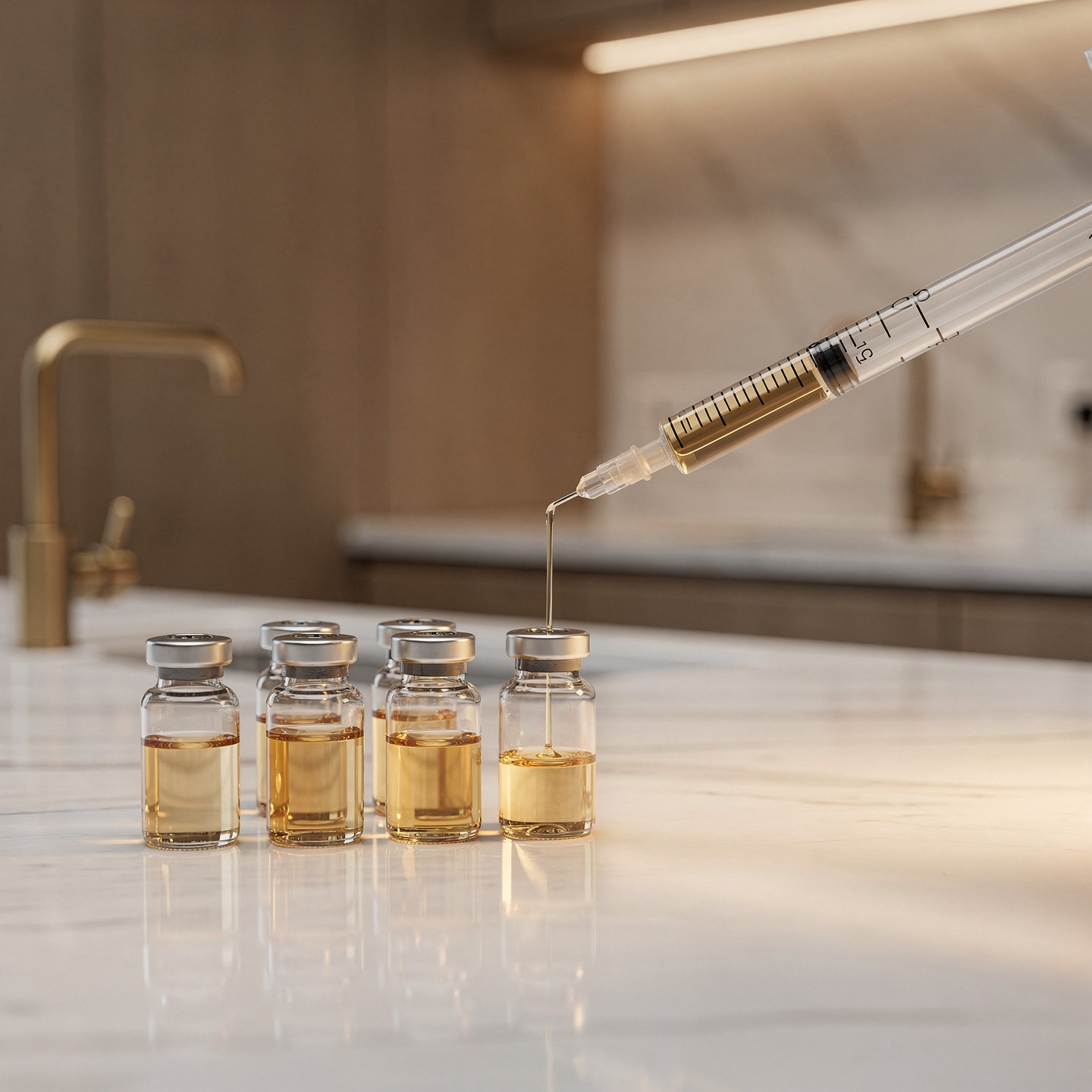 Multiple premium glass peptide vials being combined with a precision syringe on a marble countertop in a luxury research laboratory with warm golden ambient lighting