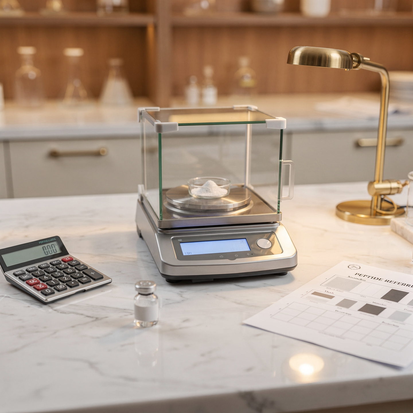 Precision analytical balance with calculator and peptide reference chart on white marble countertop in a luxury research laboratory with warm golden lighting