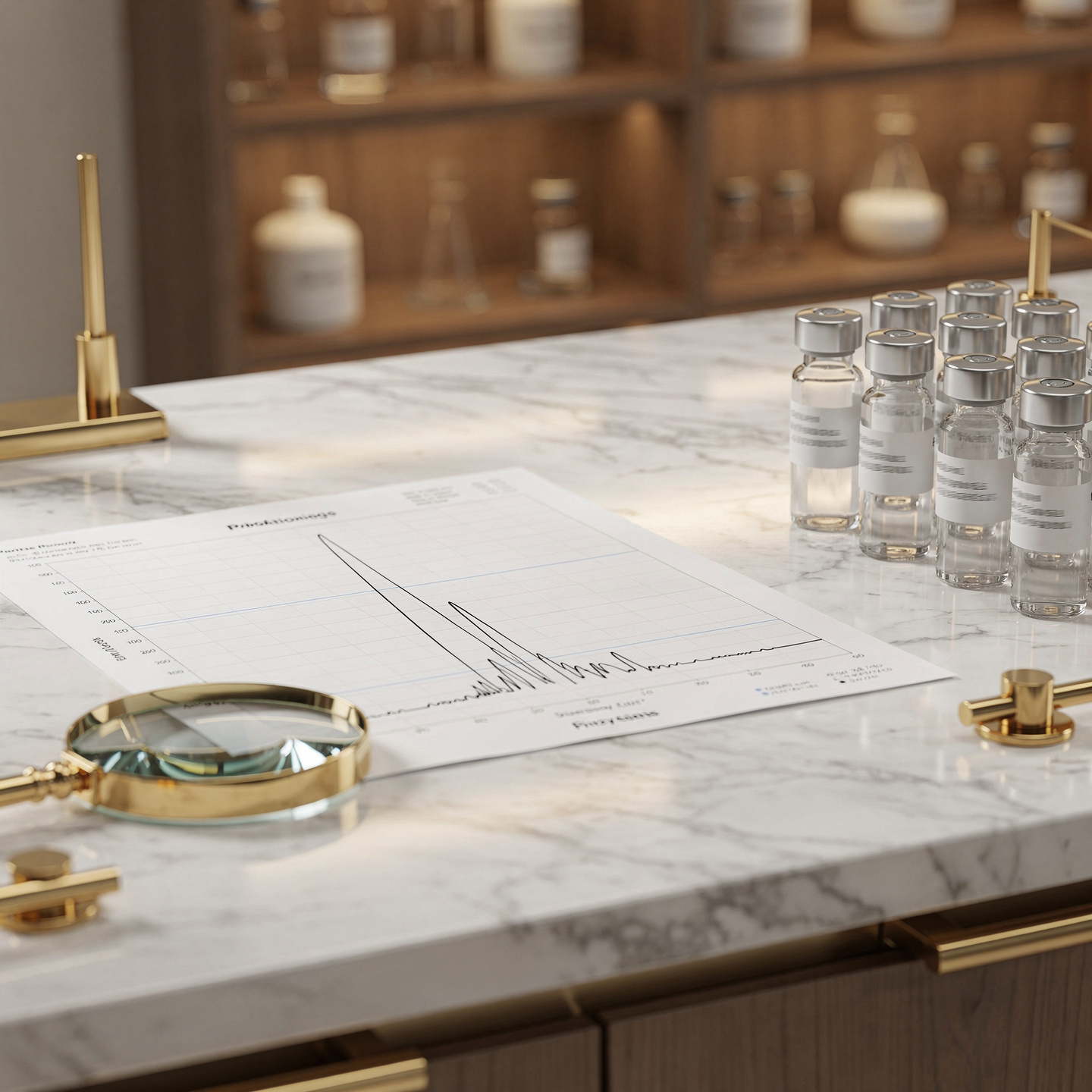 HPLC chromatogram showing a sharp peptide purity peak next to premium research vials in a luxury laboratory setting