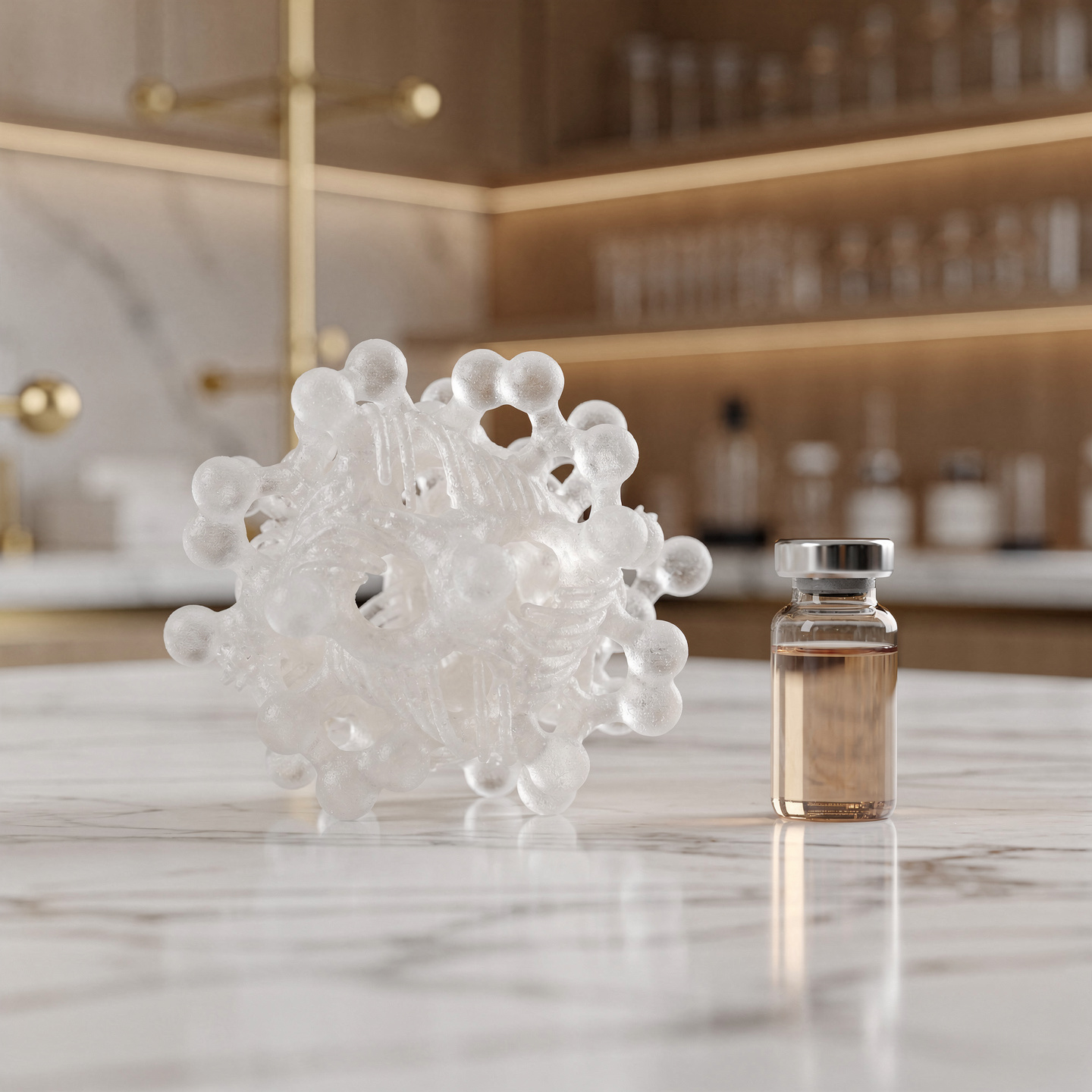3D molecular receptor model in translucent resin beside a peptide vial on a white marble countertop in a luxury research laboratory with warm golden lighting