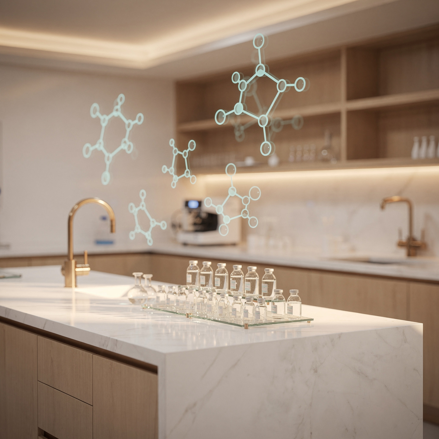 Futuristic research laboratory with holographic molecular structures and premium glass peptide vials on white marble countertop