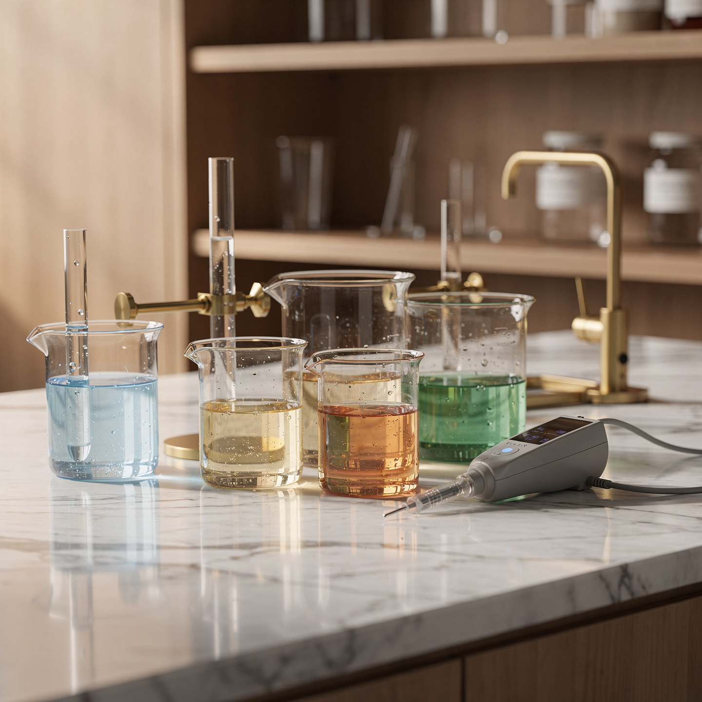 Glass beakers containing peptide solutions in different solvents on a marble countertop in a luxury research laboratory with warm golden lighting