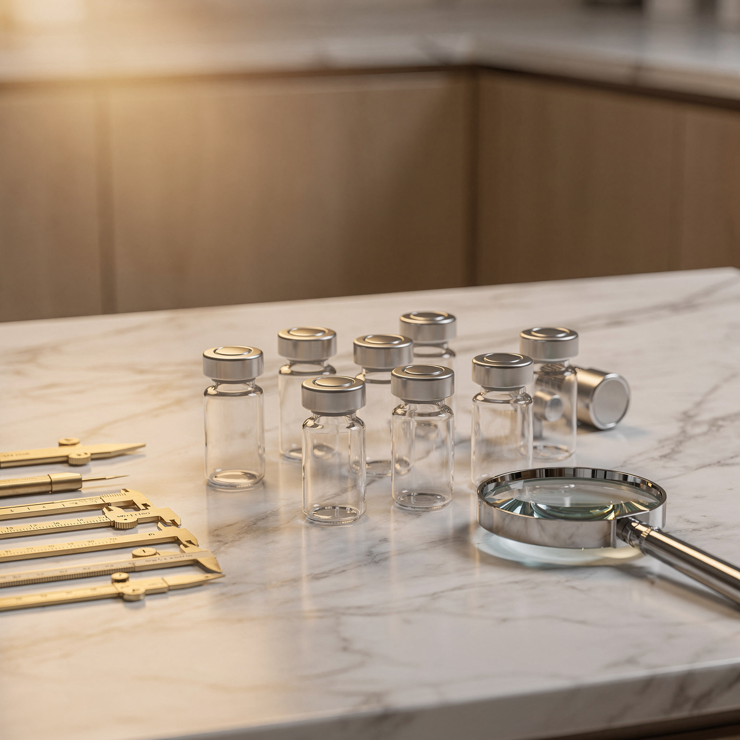 Quality control inspection station with premium peptide vials on white marble surface under warm golden light in a luxury research laboratory