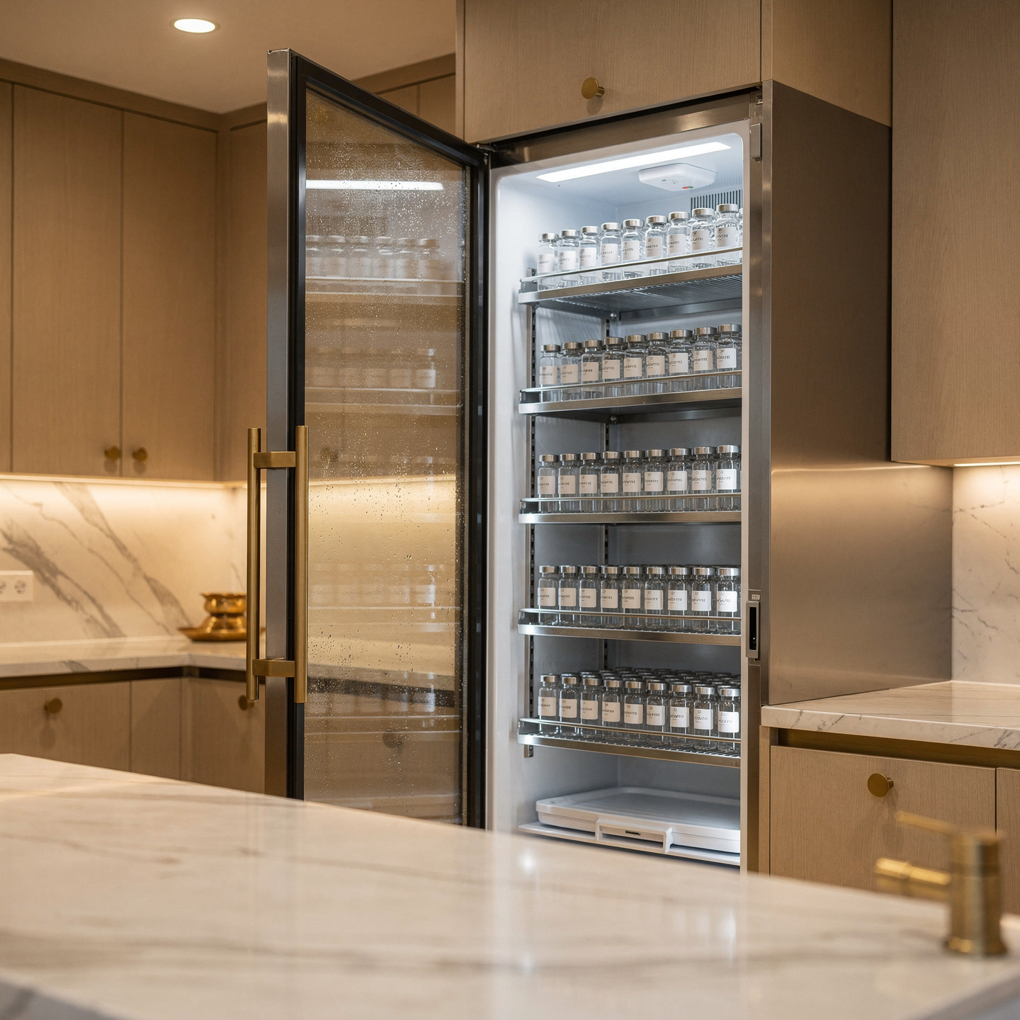Laboratory freezer with organized peptide vials illustrating proper research peptide storage conditions