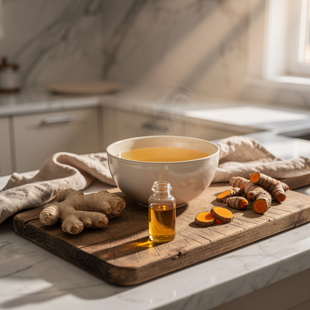 Peptides for gut health research - ceramic bowl with golden liquid and natural ingredients representing gastrointestinal wellness