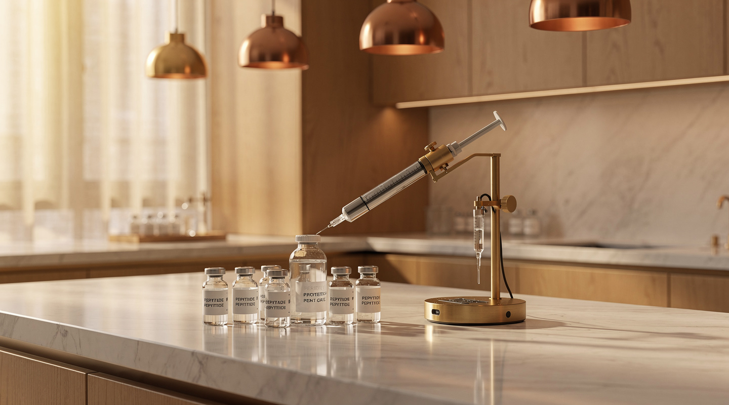 Precision glass peptide vials and pH meter on marble countertop in a warm research laboratory setting - reconstitution chemistry of lyophilized peptides