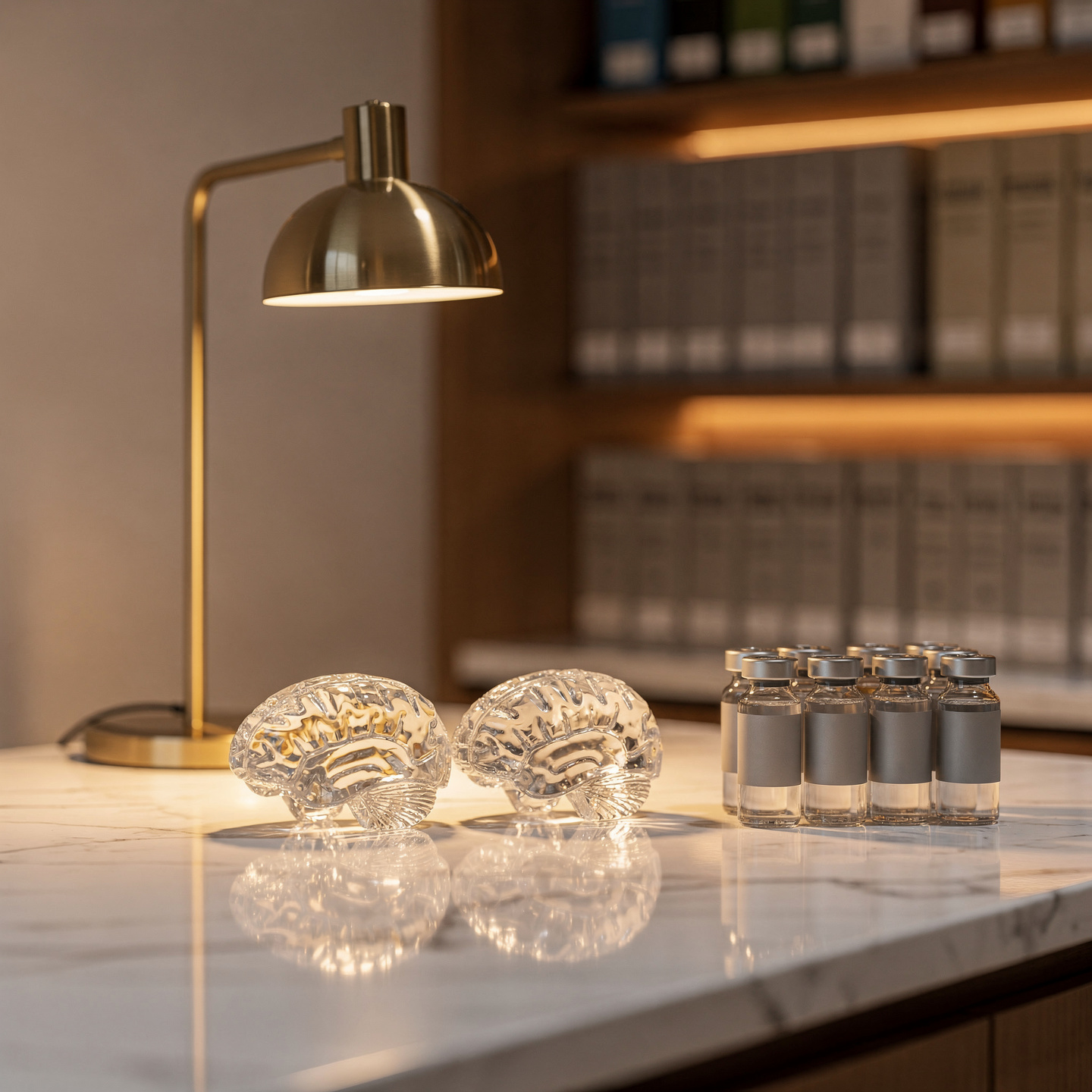 Selank vs Semax nootropic peptides comparison - luxury research laboratory with brain-shaped crystal paperweights and peptide vials