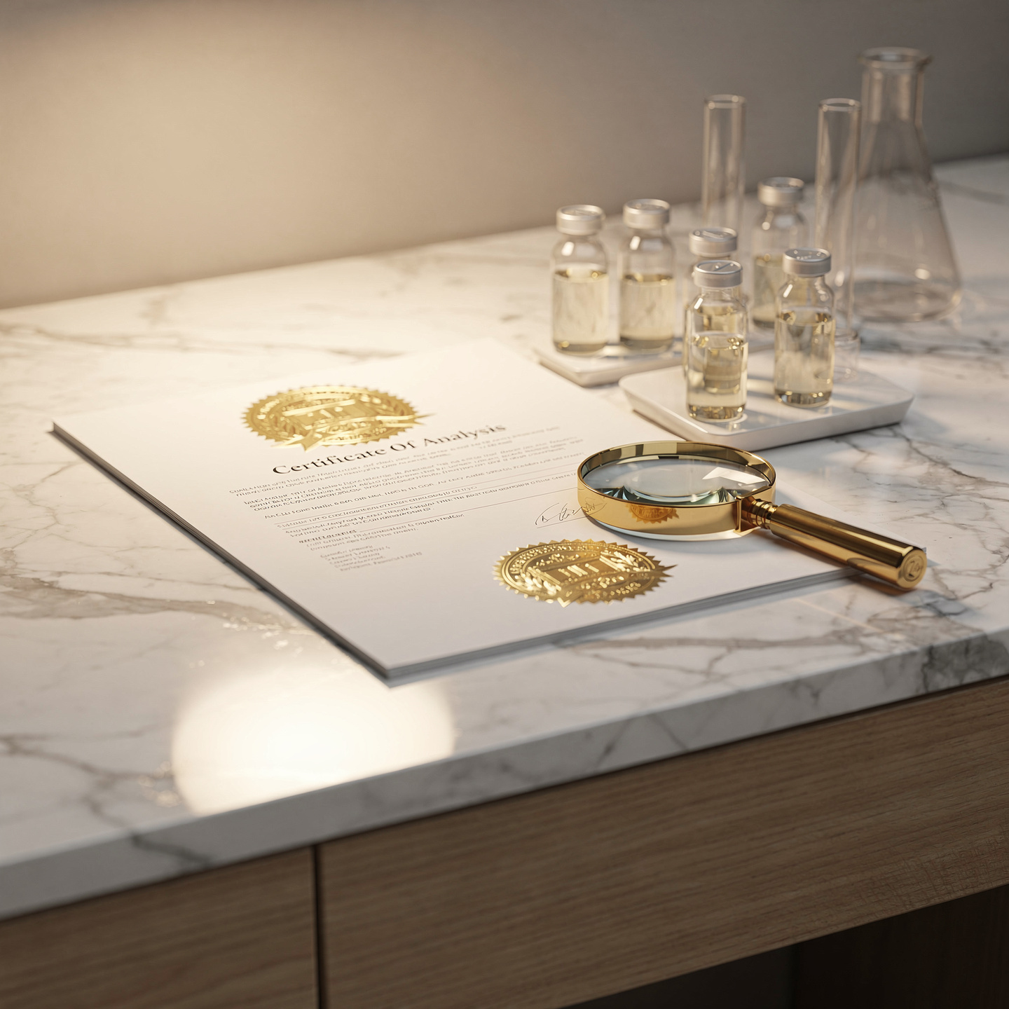 Certificate of analysis with gold seal next to premium peptide vials on white marble countertop in a luxury research laboratory with warm golden lighting