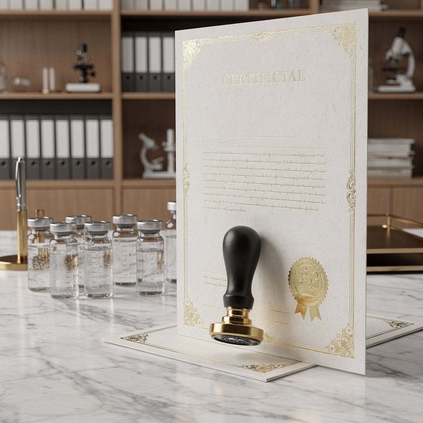 Certificate of analysis document with gold seal on marble desk next to research peptide vials